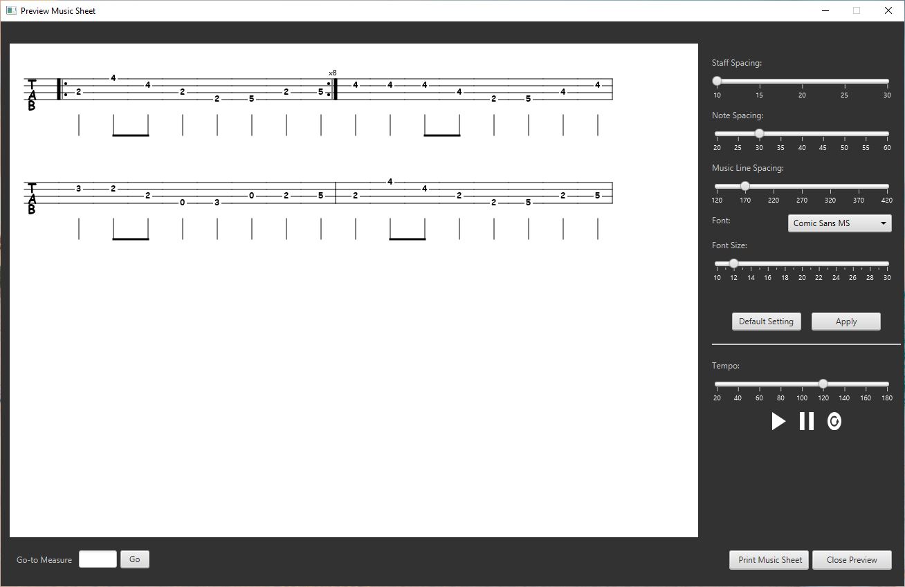 TAB2XML sheet music output for bass