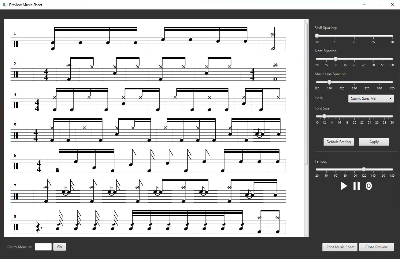 TAB2XML sheet music output for drums