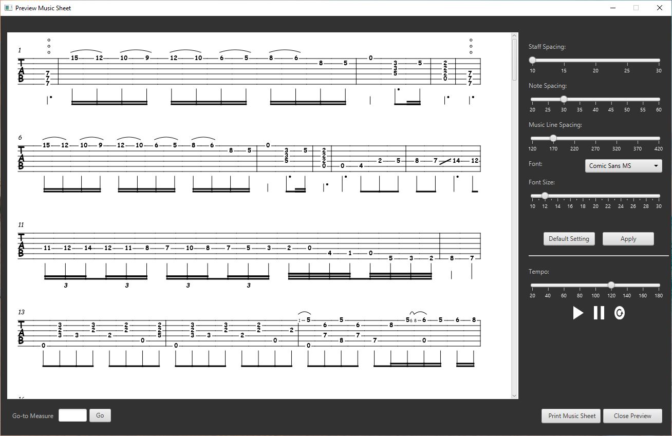 TAB2XML sheet music output for guitar